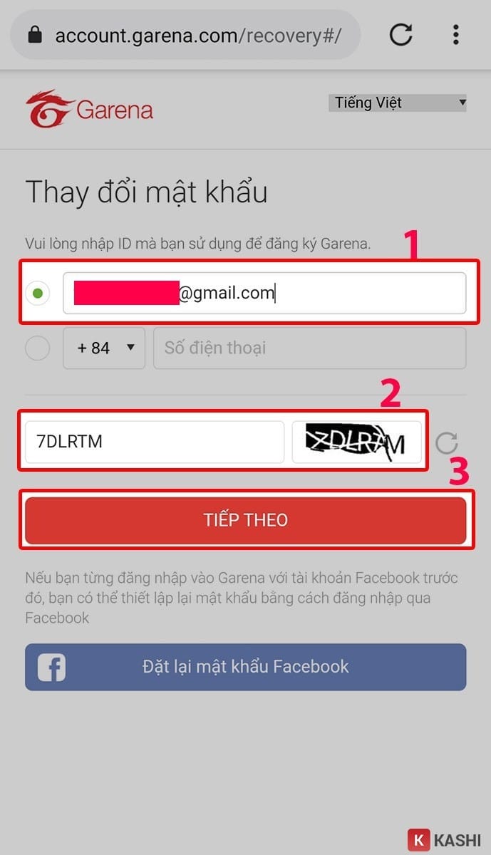 Nhập email và mã xác thực để đổi mật khẩu Garena